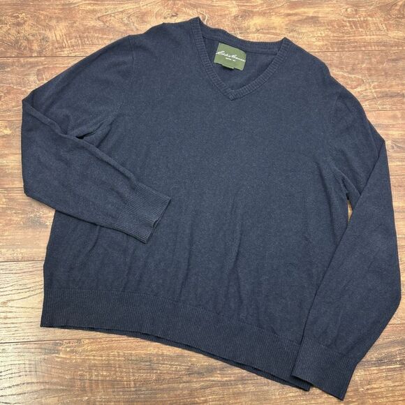 Eddie Bauer Sweater Mens XL‎ Navy Blue Long Sleeve Cotton Cashmere Pullover - Picture 1 of 7